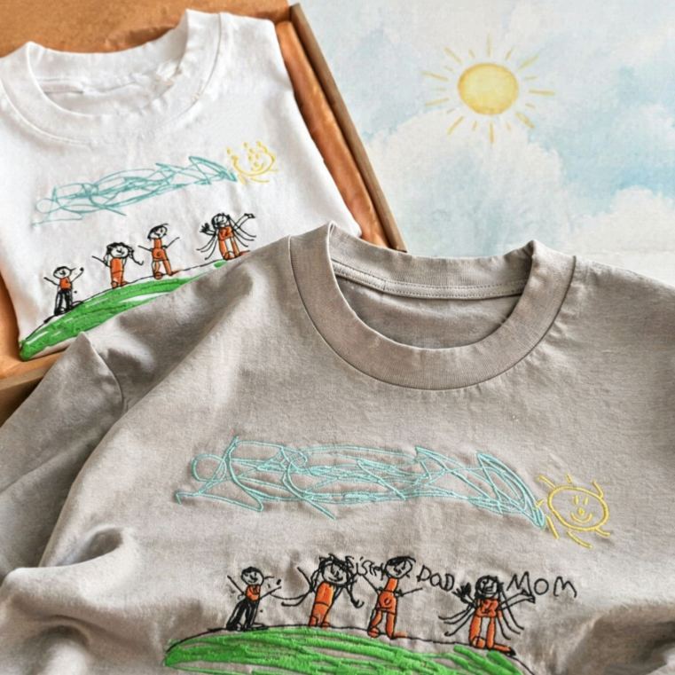 Custom Kids Drawing Embroidered T-Shirt – Personalized Child Artwork Tee, Custom Family Portrait Embroidery Shirt, Meaningful Gift for Mom, Dad & Grandparents - MyFaceSocksUK