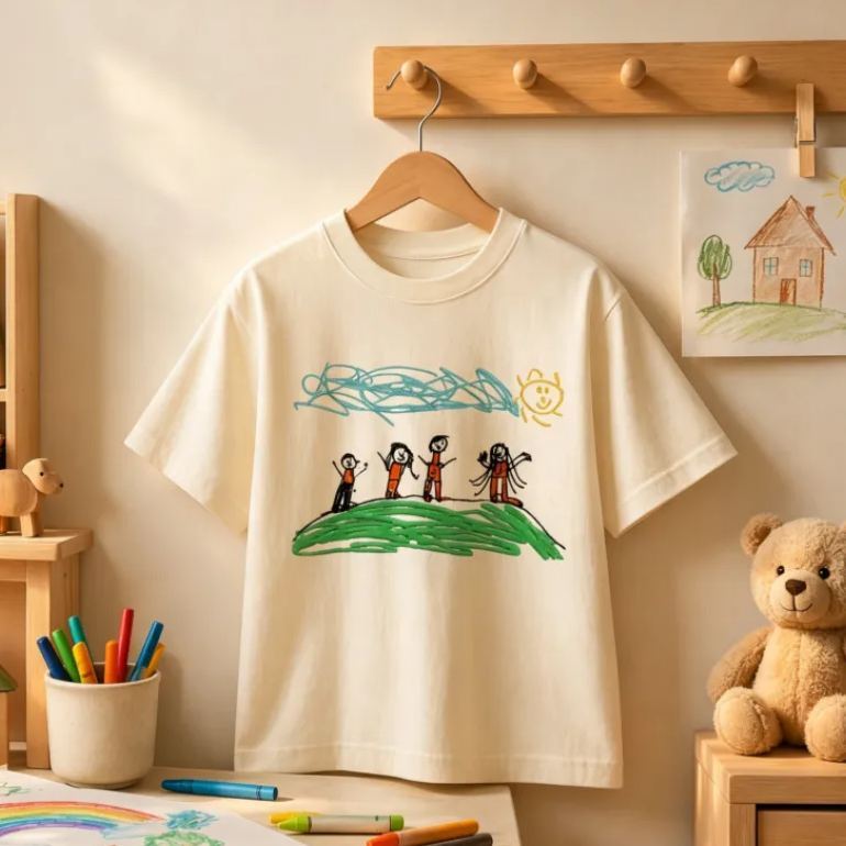 Custom Kids Drawing Embroidered T-Shirt – Personalized Child Artwork Tee, Custom Family Portrait Embroidery Shirt, Meaningful Gift for Mom, Dad & Grandparents - MyFaceSocksUK