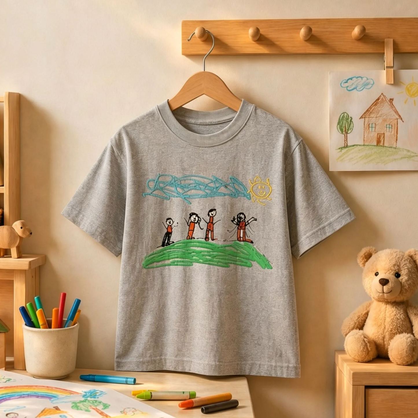 Custom Kids Drawing Embroidered T-Shirt – Personalized Child Artwork Tee, Custom Family Portrait Embroidery Shirt, Meaningful Gift for Mom, Dad & Grandparents - MyFaceSocksUK