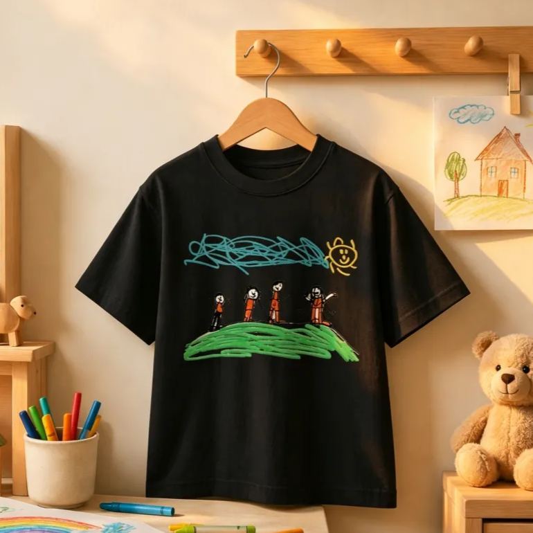 Custom Kids Drawing Embroidered T-Shirt – Personalized Child Artwork Tee, Custom Family Portrait Embroidery Shirt, Meaningful Gift for Mom, Dad & Grandparents - MyFaceSocksUK