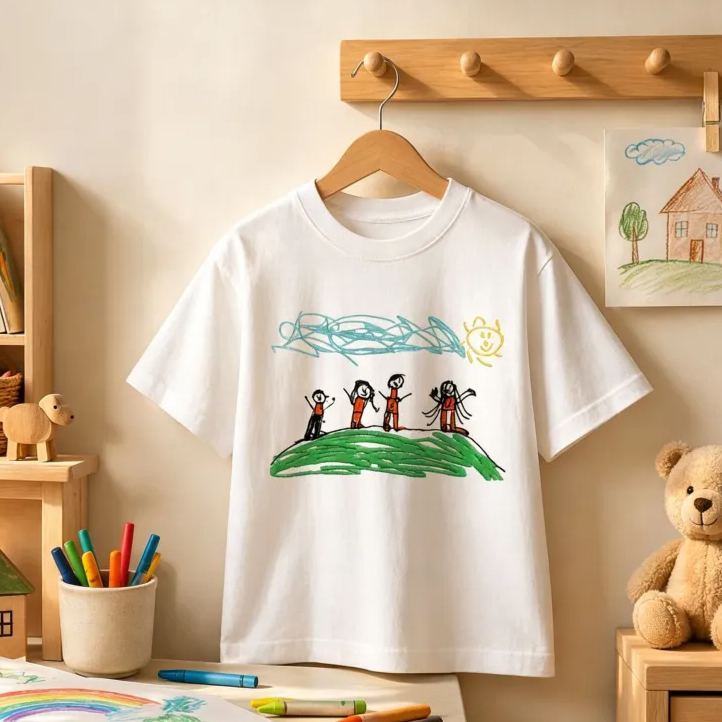 Custom Kids Drawing Embroidered T-Shirt – Personalized Child Artwork Tee, Custom Family Portrait Embroidery Shirt, Meaningful Gift for Mom, Dad & Grandparents - MyFaceSocksUK
