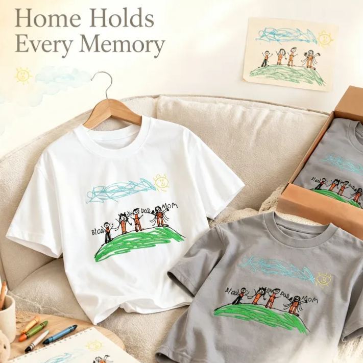 Custom Kids Drawing Embroidered T-Shirt – Personalized Child Artwork Tee, Custom Family Portrait Embroidery Shirt, Meaningful Gift for Mom, Dad & Grandparents - MyFaceSocksUK