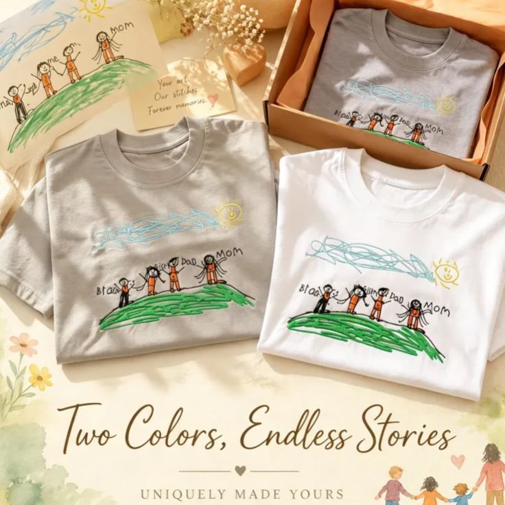 Custom Kids Drawing Embroidered T-Shirt – Personalized Child Artwork Tee, Custom Family Portrait Embroidery Shirt, Meaningful Gift for Mom, Dad & Grandparents - MyFaceSocksUK