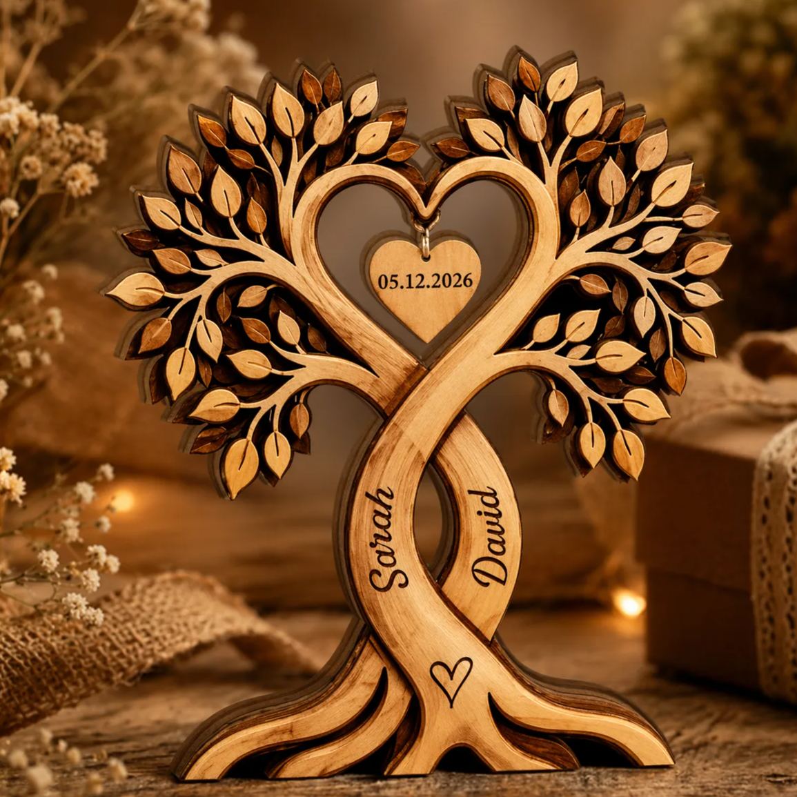 Personalized Tree of Hearts Wooden Block for Couples, Personalized Sign with Couple's Names, Valentine's Day Gift