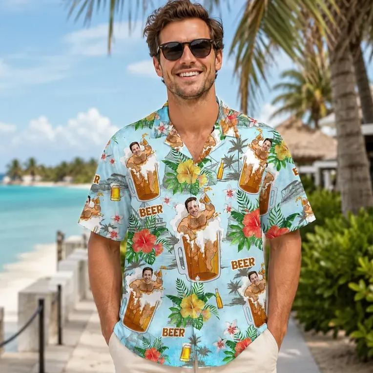 Personalized Hawaiian Shirt with Photo, Personalized Beer Shirt, Funny Gift for Beach Vacation - MyFaceSocksUK