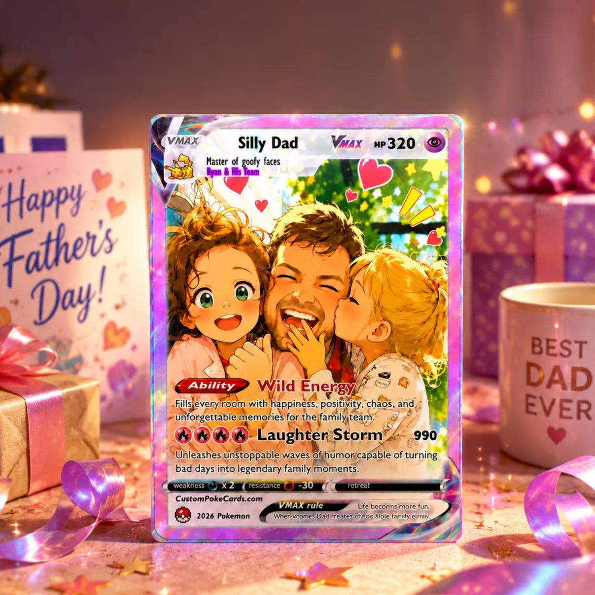 Father’s Day 2026 Custom Poke Card - Comic Anime Style Personalized Card for Funny Dad - Perfect Gift from Wife & Kids