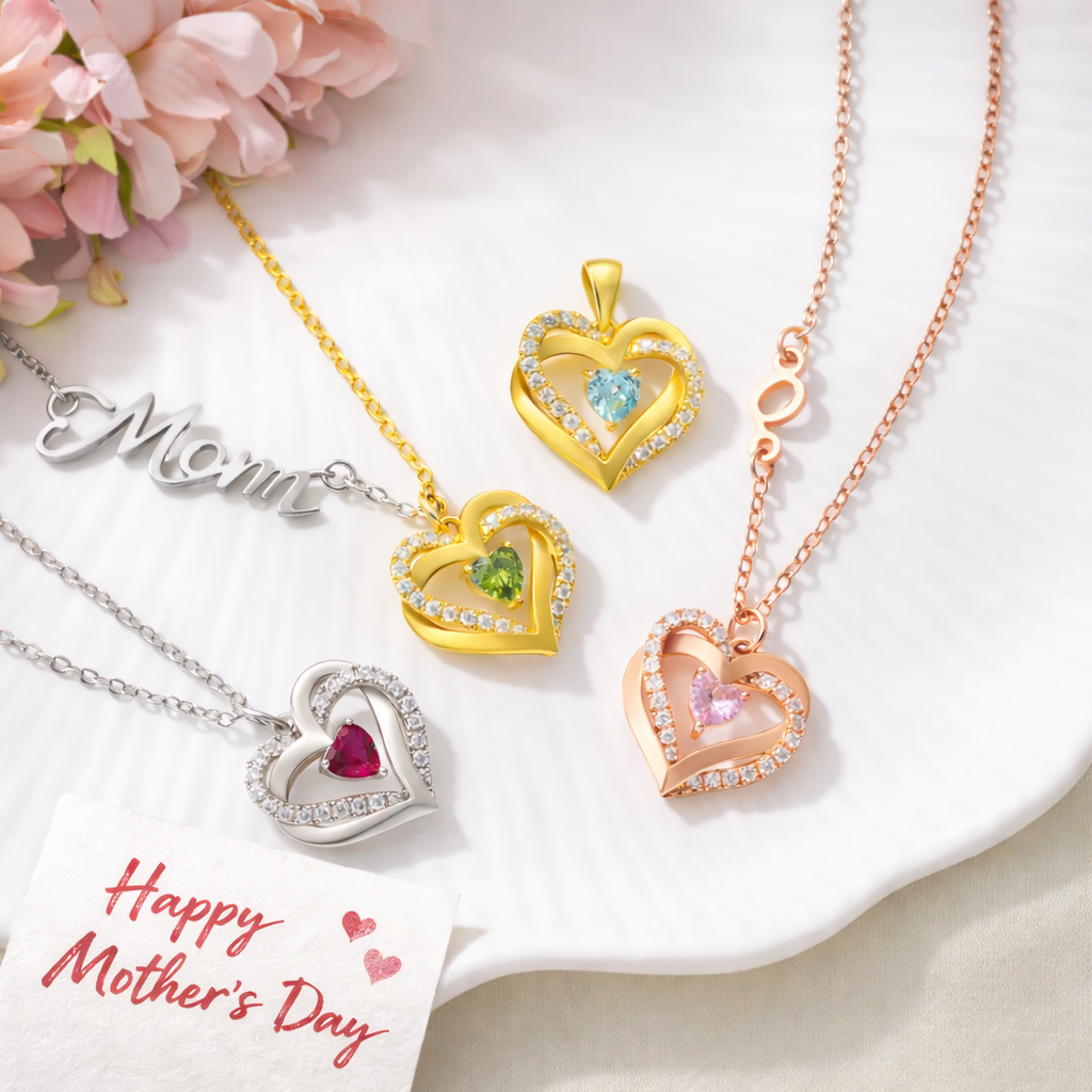 Personalized Birthstone Double-Heart Necklace with Name Mother's Day Gift for Mom Custom Gift for Loved Mom