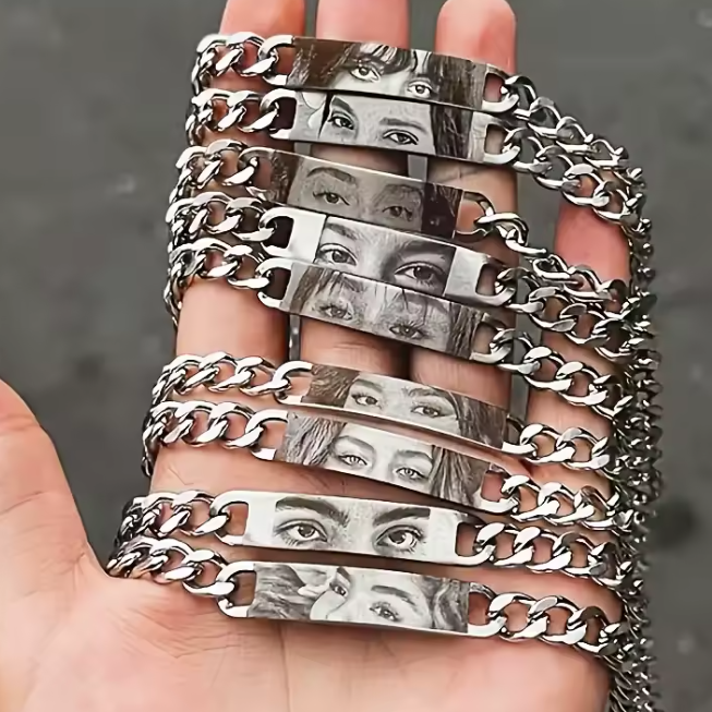 Personalized Eye Photo Bracelet for Couples - Custom Laser Engraved Stainless Steel Keepsake, Anniversary Gift - MyFaceSocksUK