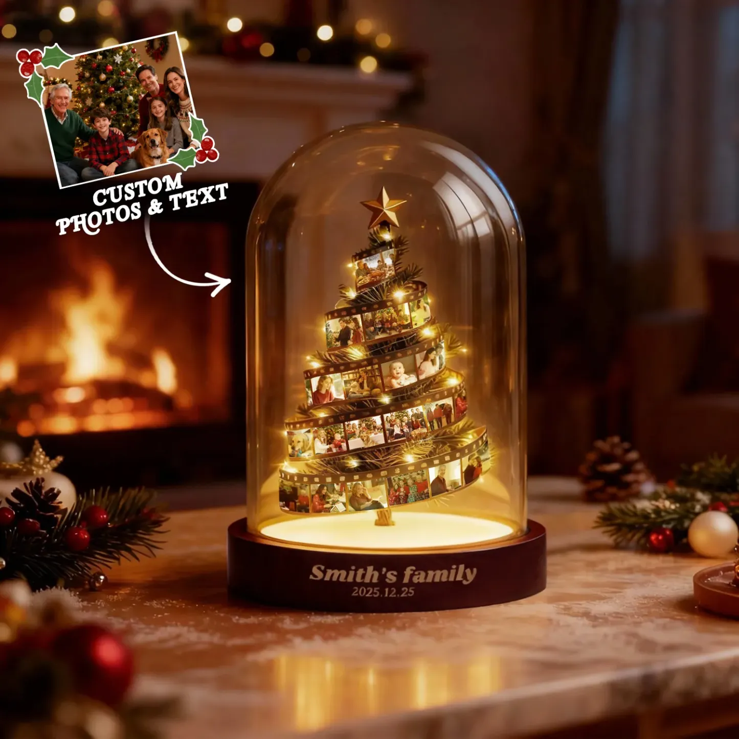 Custom Photo Film Christmas Tree Night Light Personalized Family Keepsake with Engraved Base Christmas Gift