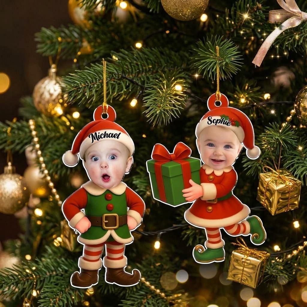 Custom Photo Baby Christmas Ornament for New Parents • Little Elves - Personalized Acrylic Ornament
