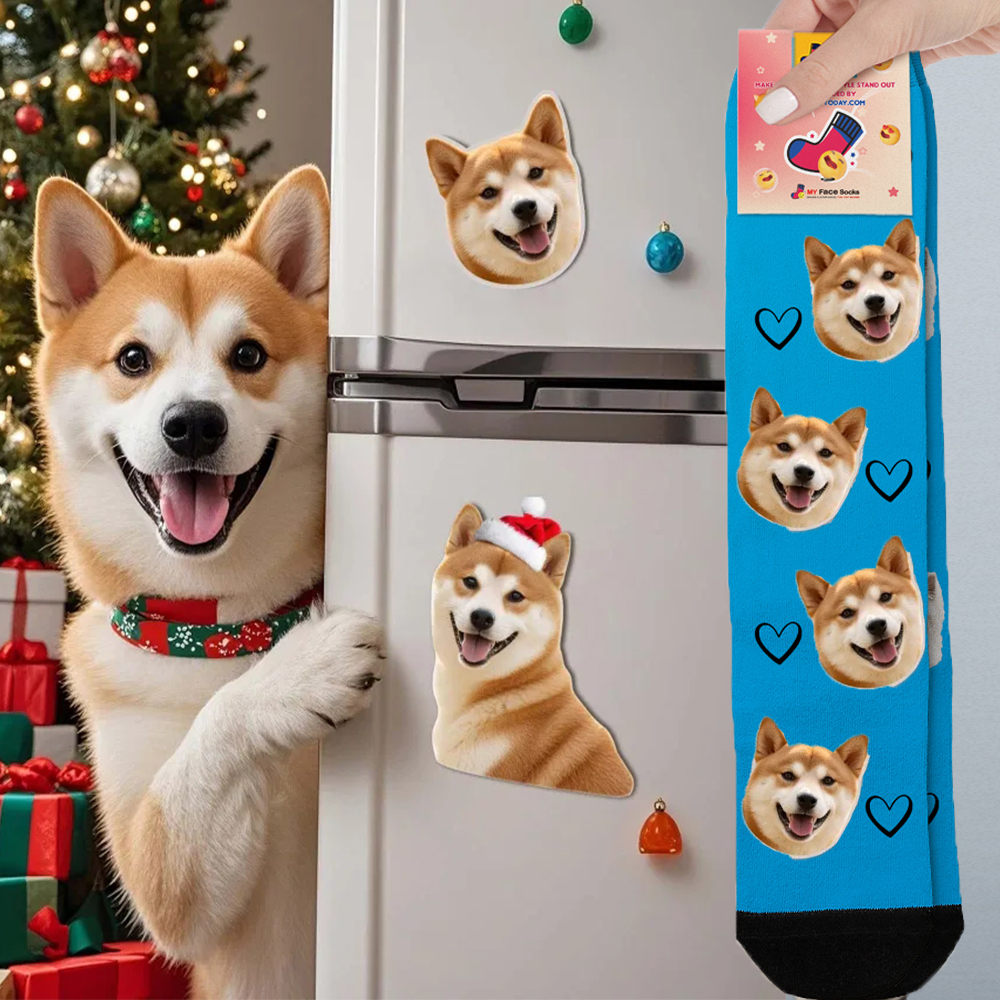 Custom Face Socks & Fridge Magnets Set Best Custom Fridge Magnetic Photo Gift Save Your Best Holiday Photo Gifts Pets Lover