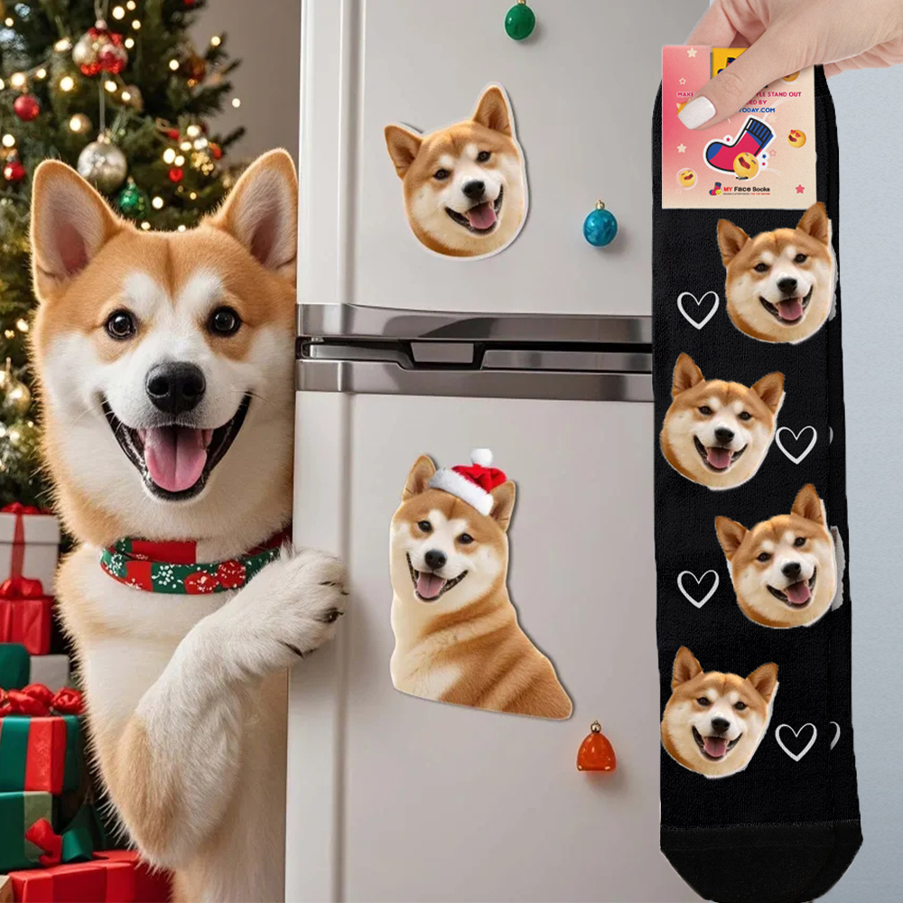 Custom Face Socks & Fridge Magnets Set Best Custom Fridge Magnetic Photo Gift Save Your Best Holiday Photo Gifts Pets Lover