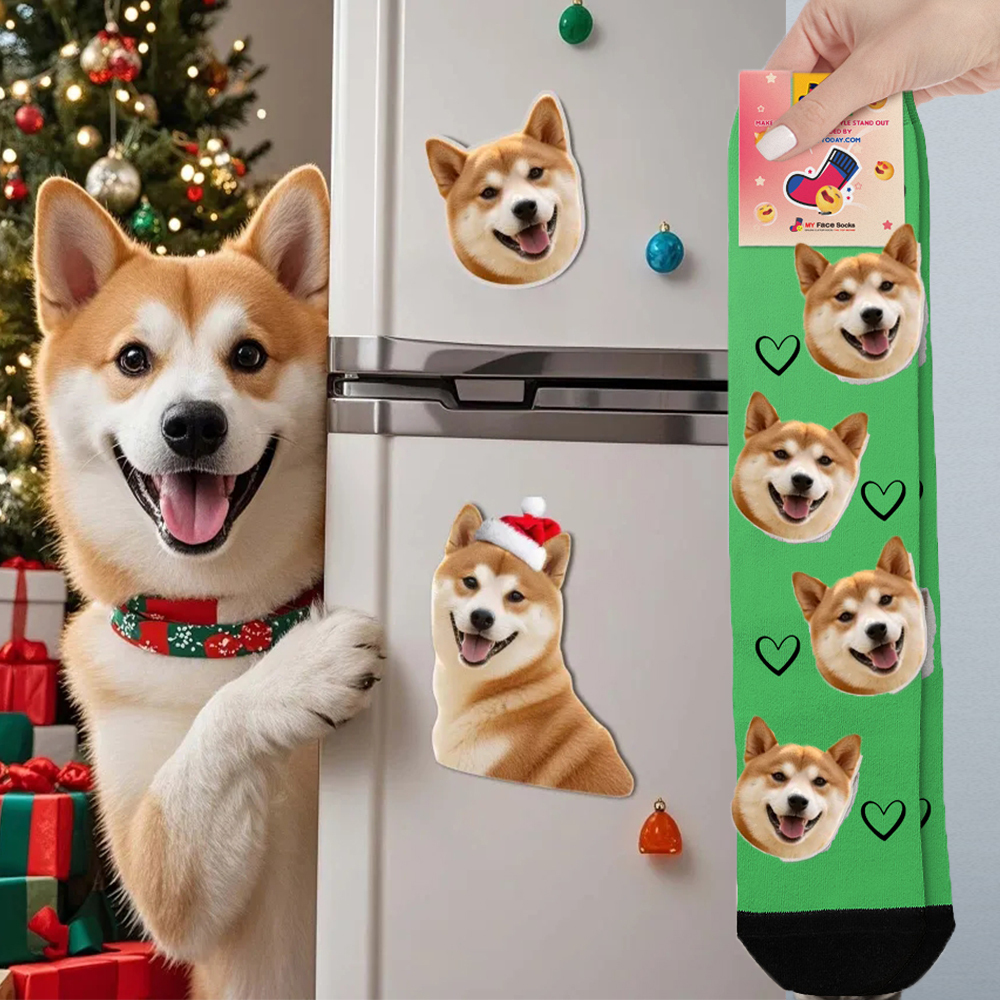 Custom Face Socks & Fridge Magnets Set Best Custom Fridge Magnetic Photo Gift Save Your Best Holiday Photo Gifts Pets Lover