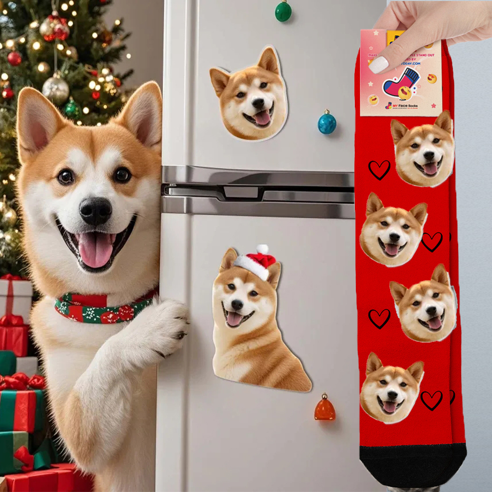 Custom Face Socks & Fridge Magnets Set Best Custom Fridge Magnetic Photo Gift Save Your Best Holiday Photo Gifts Pets Lover