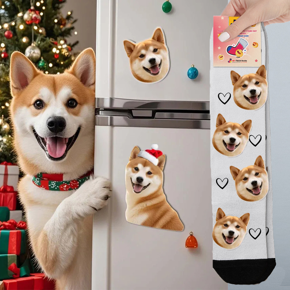 Custom Face Socks & Fridge Magnets Set Best Custom Fridge Magnetic Photo Gift Save Your Best Holiday Photo Gifts Pets Lover
