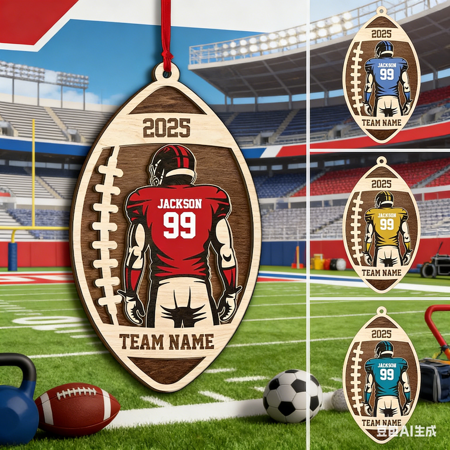 Personalized Football Layered Wood Ornament, Custom Name Number Football Christmas Decor, Sport Xmas Home Decor, Xmas Gift for Son, Team