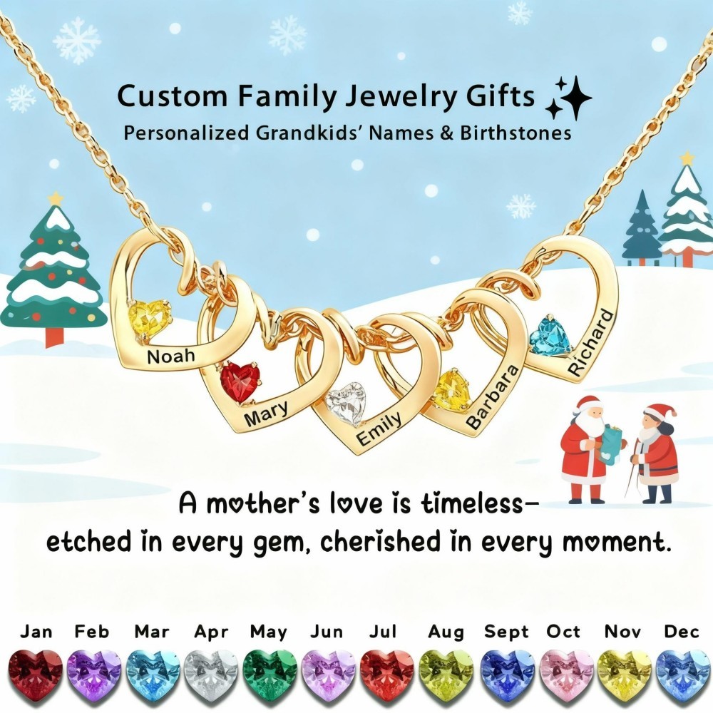 Personalized Heart Name & Birthstone Necklace Custom Gift for Mom or Grandma Christmas Gift Idea - MyFaceSocks