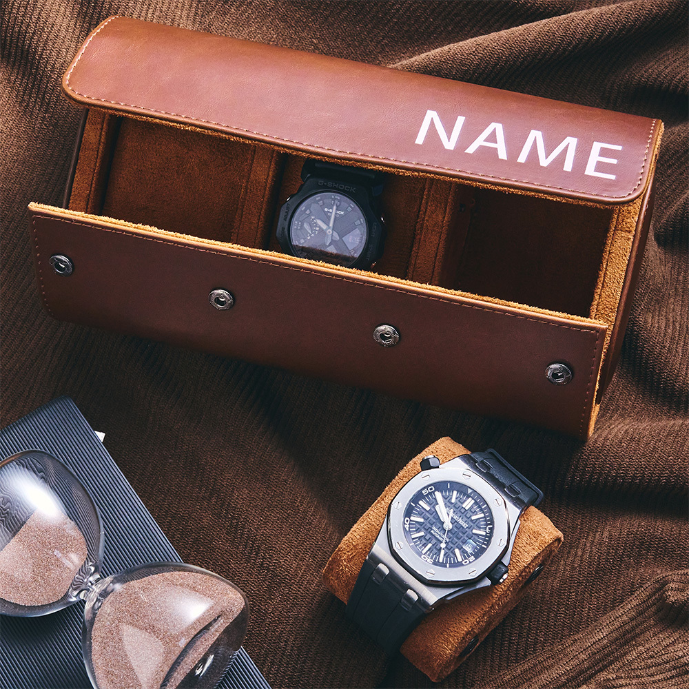 Custom Name Leather Watch Roll Personalized Travel Gift For Men Watch Card Slot Box - MyFaceSocks