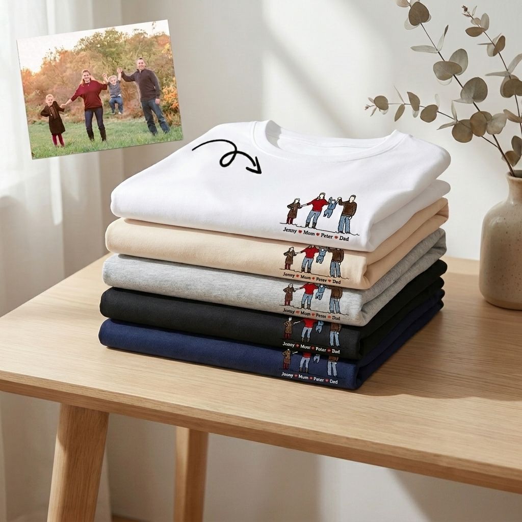 Personalized T-shirt Custom Embroidered Colorful Family Photo with Names Attractive Gift for Parents