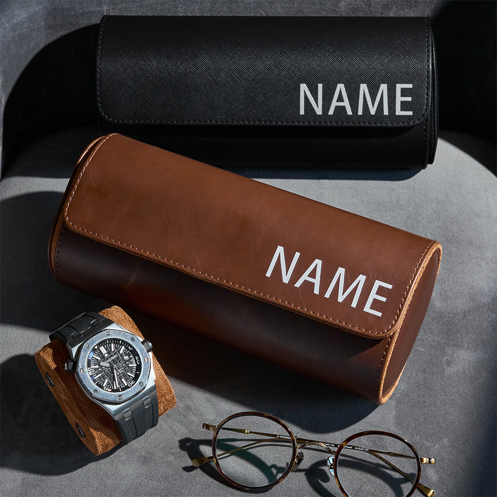 Custom Name Leather Watch Roll Personalized Travel Gift For Men Watch Card Slot Box - MyFaceSocks