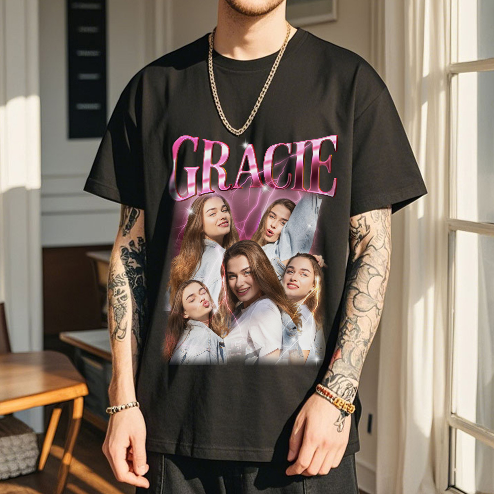 Custom Photo Vintage Tee Personalized Name T-shirt Couple Gifts Black