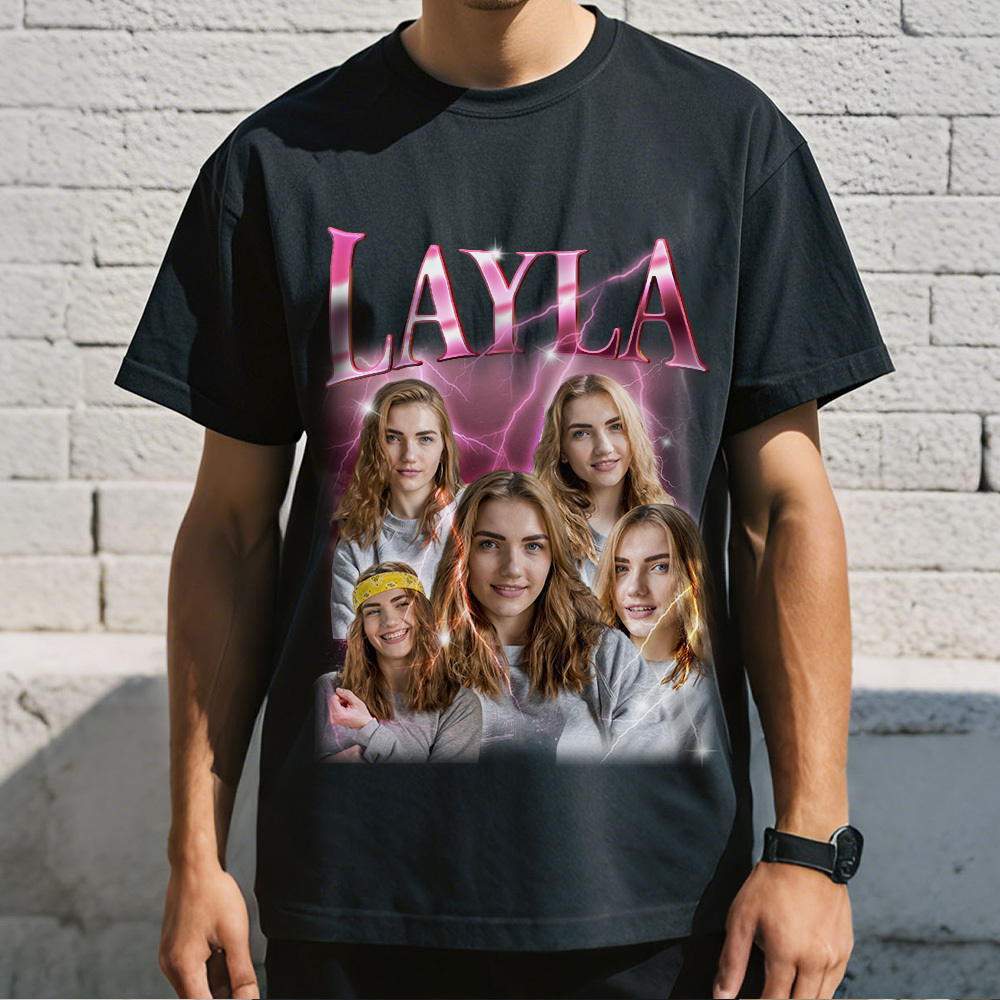Custom Photo Vintage Tee Personalized Name T-shirt Couple Gifts Black
