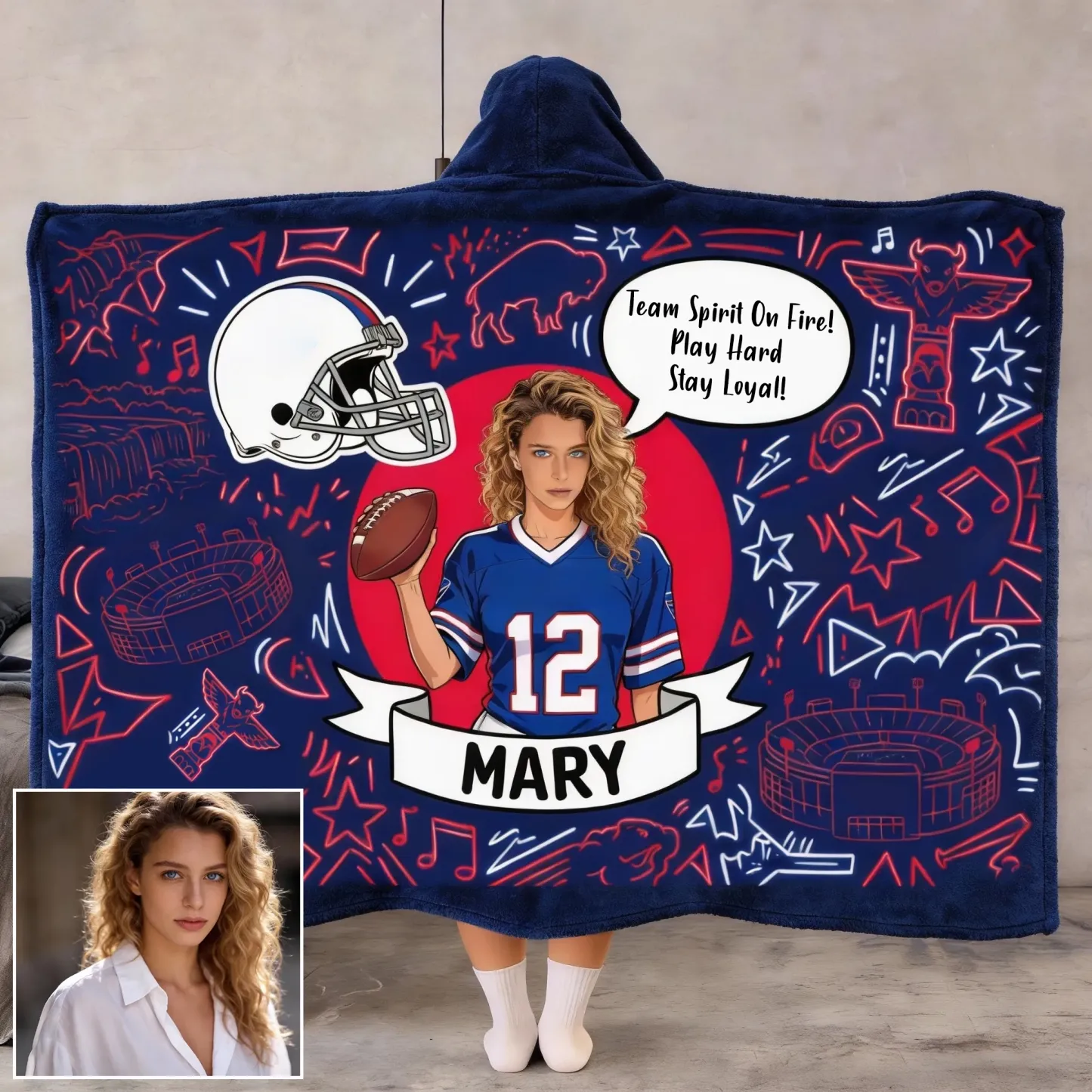 Personalized American Football Wearable Hooded Blanket-Customizable With Man Woman Pets Photo Valentine'S Day Gift