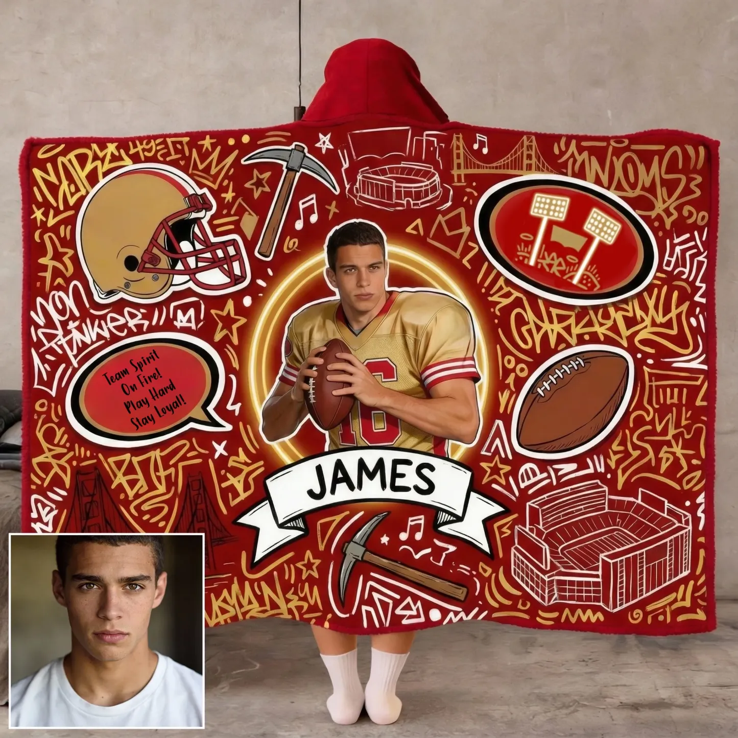 Personalized American Football Wearable Hooded Blanket-Customizable With Man Woman Pets Photo Valentine'S Day Gift