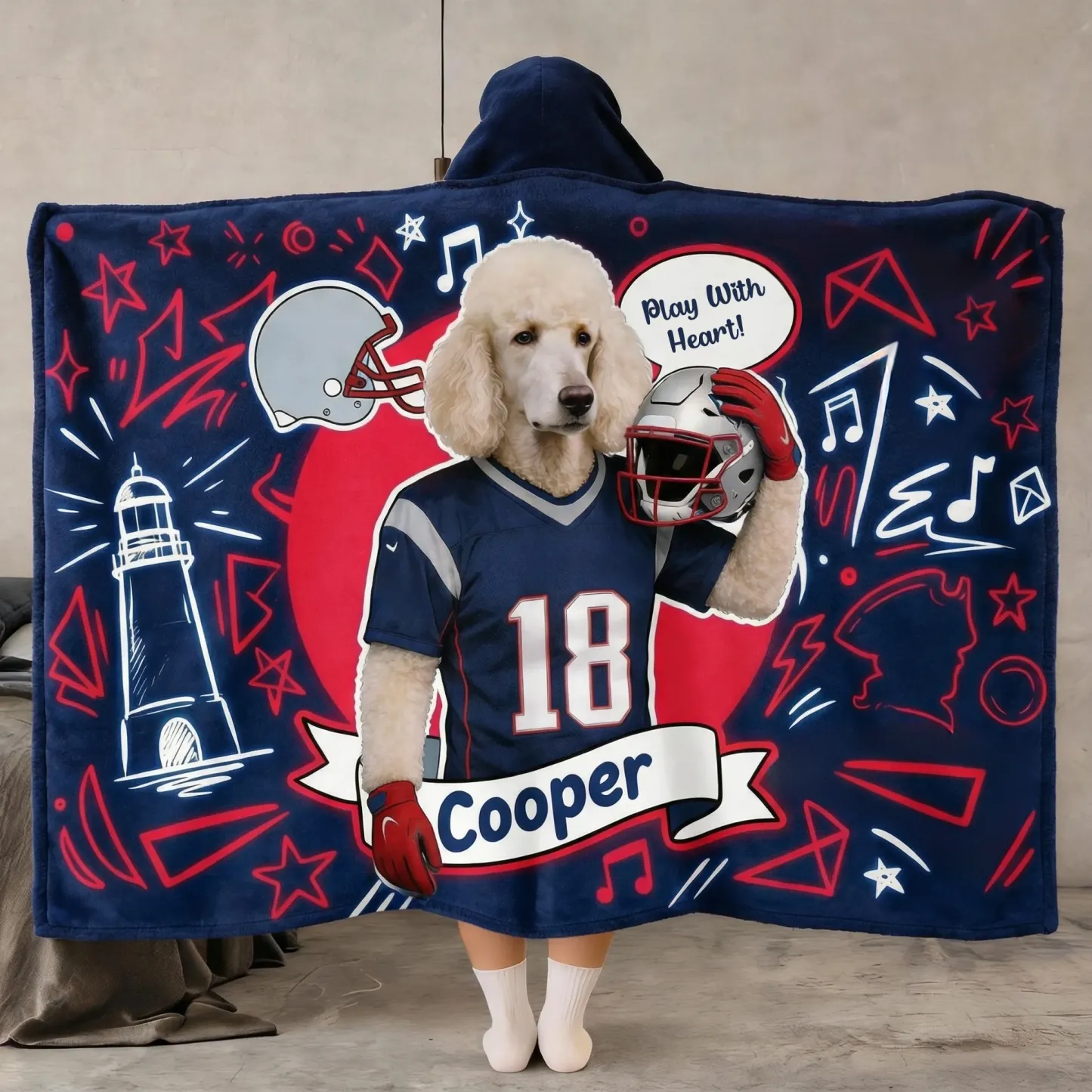 Personalized American Football Wearable Hooded Blanket-Customizable With Man Woman Pets Photo Valentine'S Day Gift