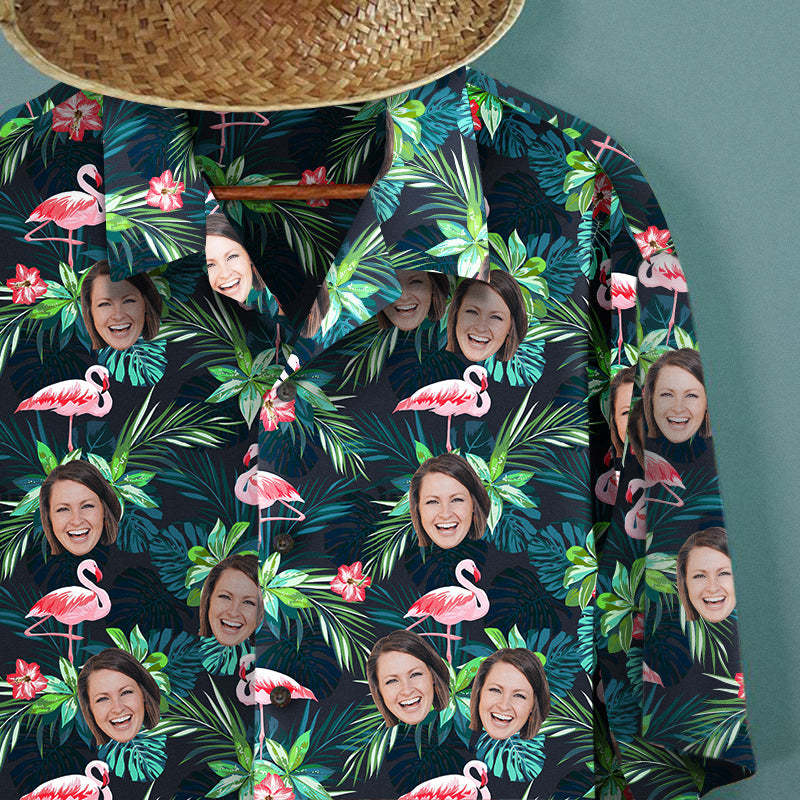 Custom Face All Over Print Hawaiian Shirt Flamingo Flowers And Leaves