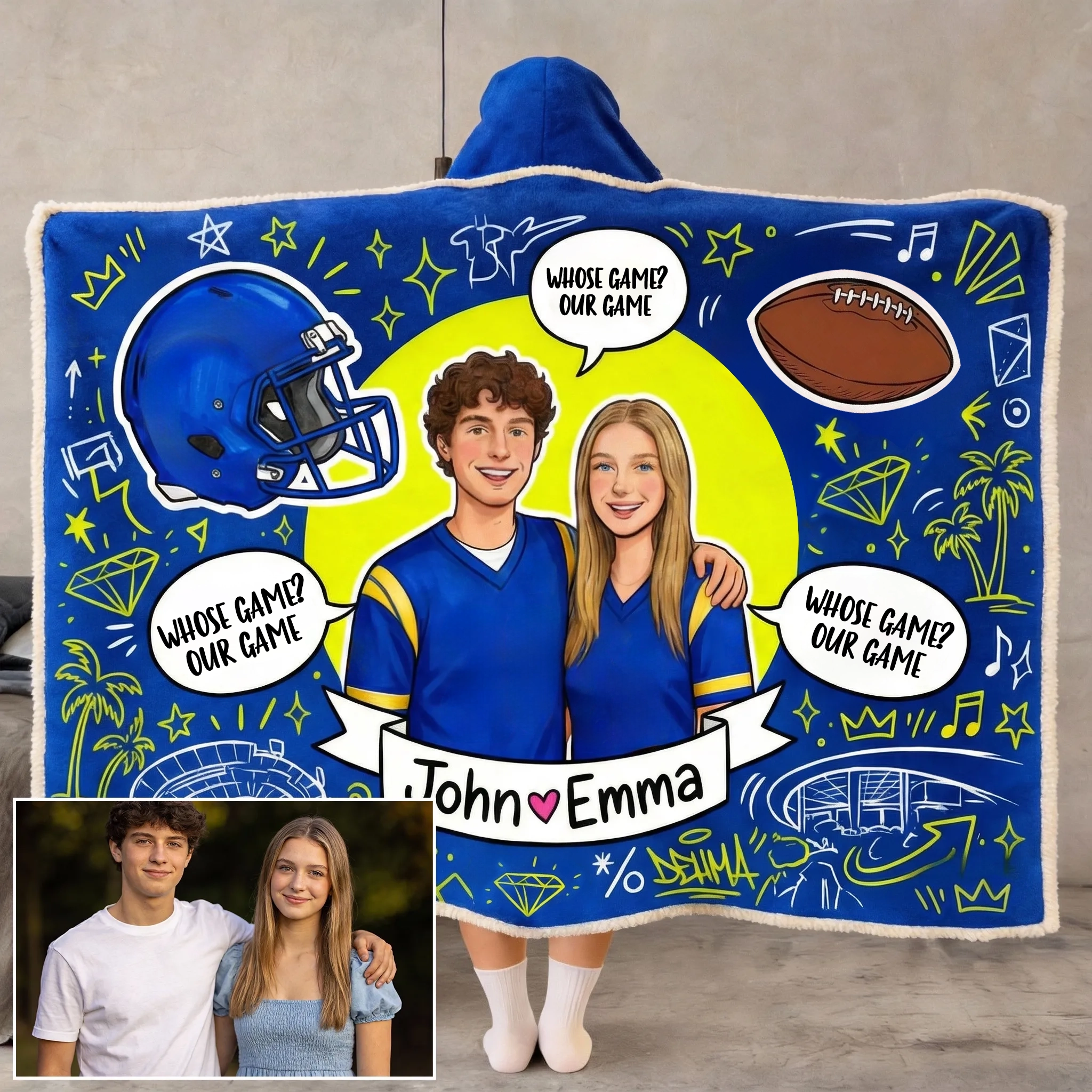 Personalized American Football Wearable Hooded Blanket-Customizable With Man Woman Pets Photo Valentine'S Day Gift