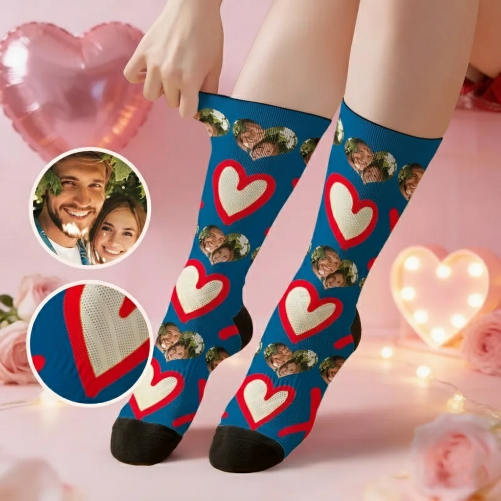 Custom Red Heart Face Socks Personalized Valentine Day Socks with Photo Cute Heart Pattern Couple Gift Idea