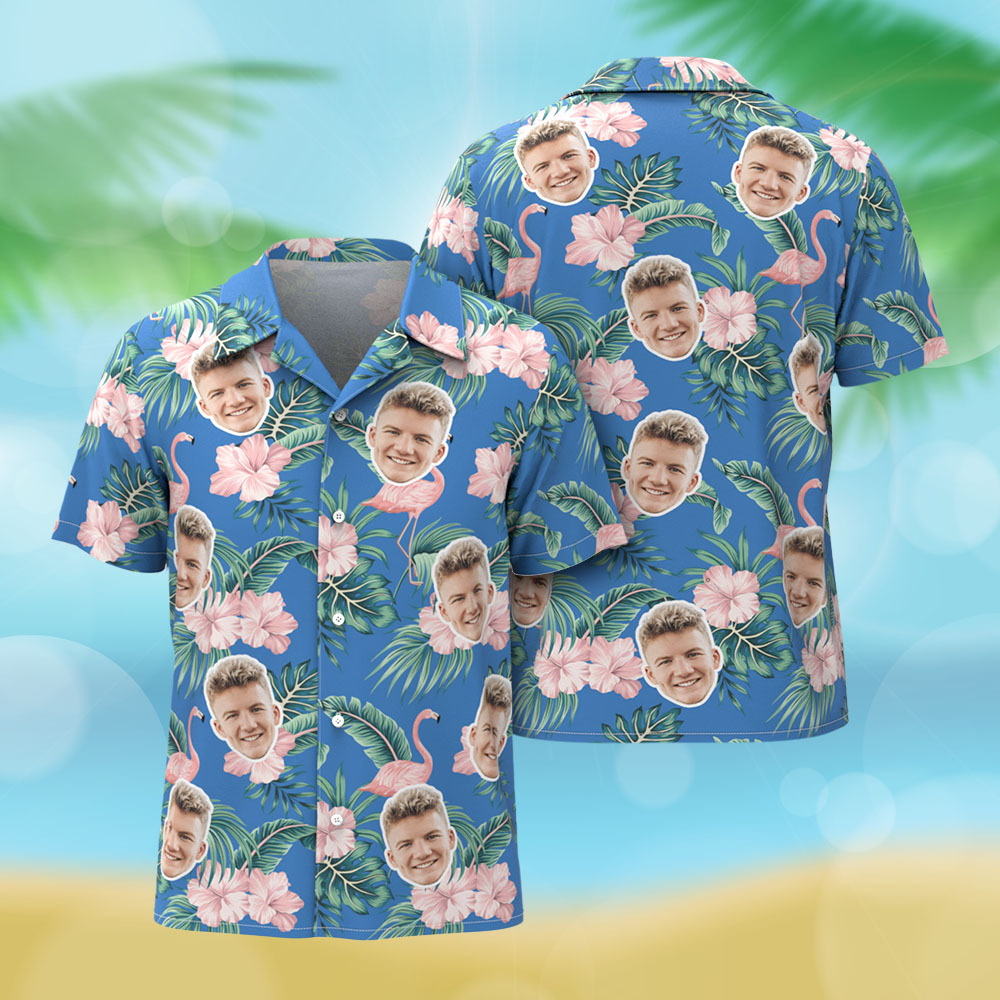Custom Face Hawaiian Shirt Pink Flamingo Blue Hawaiian Shirt Tropical Men Summer Face Gift - MyFaceSocks
