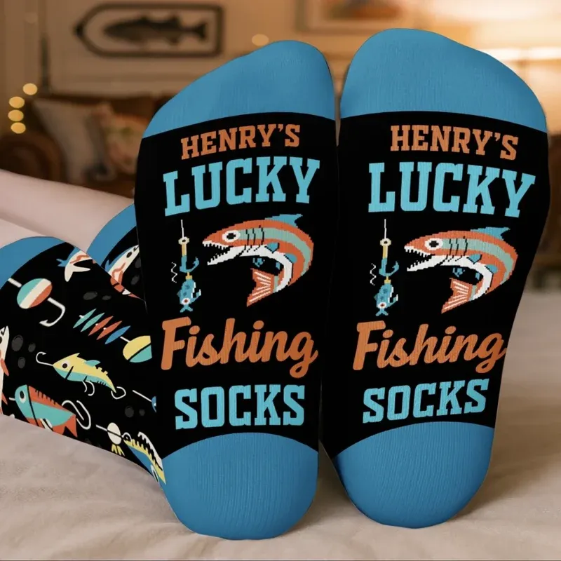 Personalized Fishing Socks for Men - Lucky Angler Gift for Christmas Birthday - MyFaceSocks