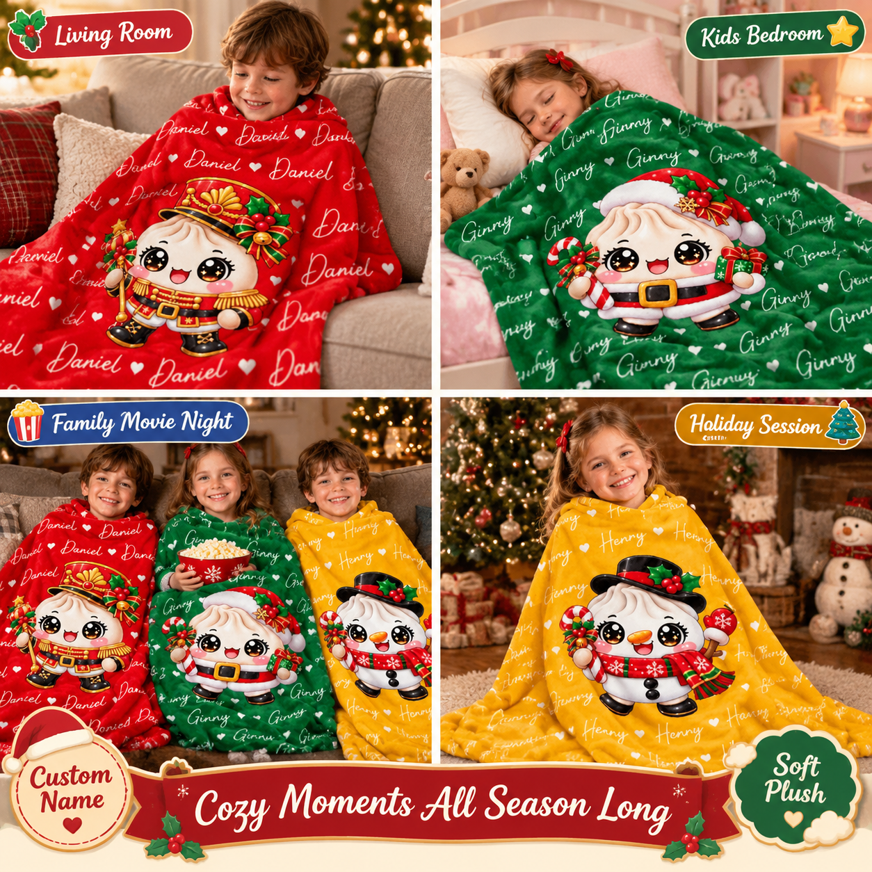 Custom Dumpling Squishy Christmas Characters Kids Gifts Personalized Blanket - MyFaceSocks