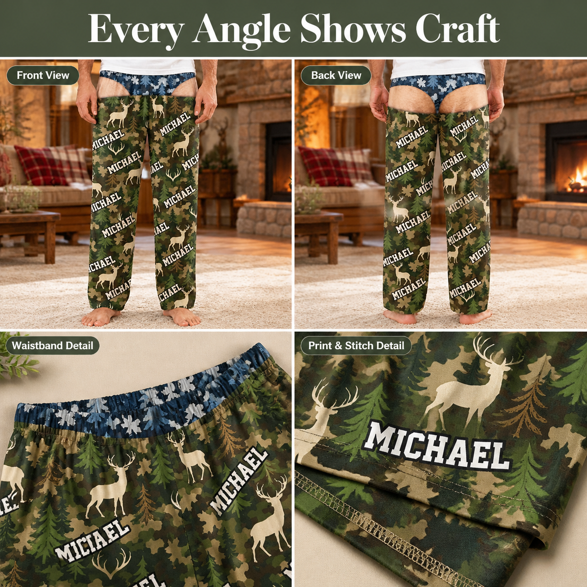 Custom Name Deer Camo Gifts for Men - Personalized Pajama Pants - MyFaceSocks