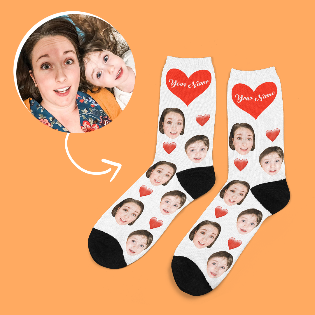 Personalized Gifts, Custom Face Socks Add Pictures and Name - Heart