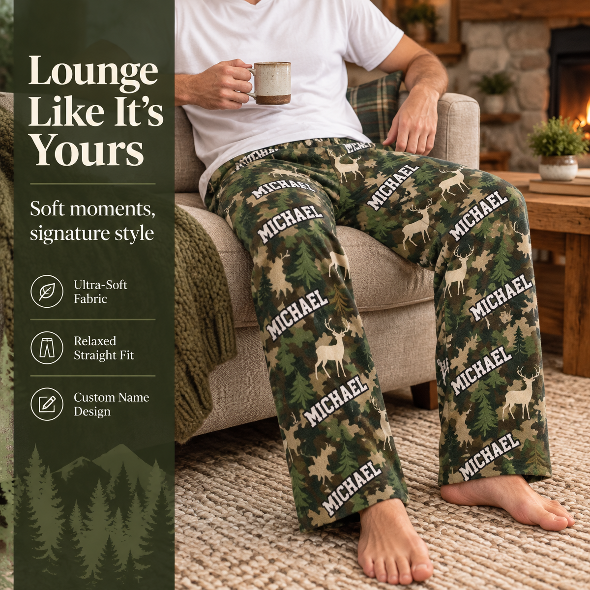 Custom Name Deer Camo Gifts for Men - Personalized Pajama Pants - MyFaceSocks