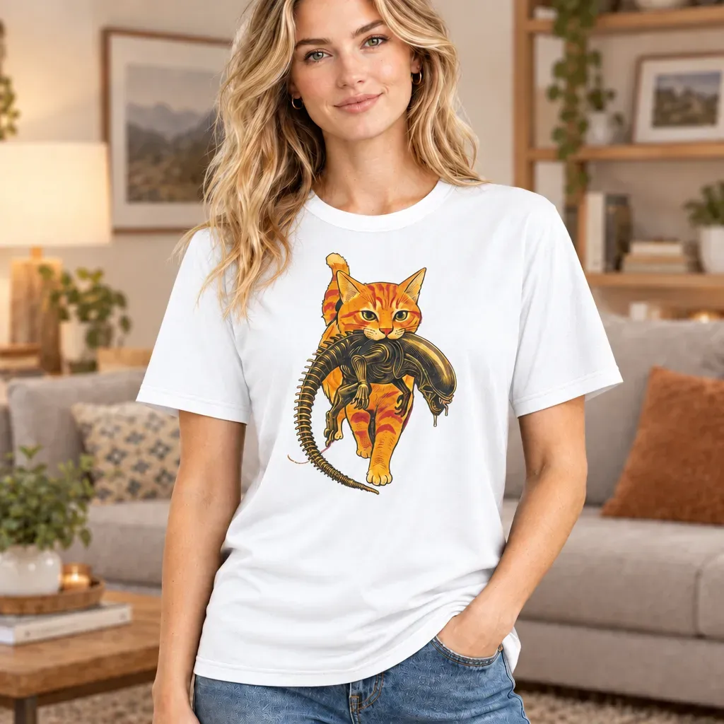 Cat Carrying Alien T-Shirt for Halloween Gifts – Funny Graphic Tee for Cat Lovers & Sci-Fi Fans - MyFaceSocks
