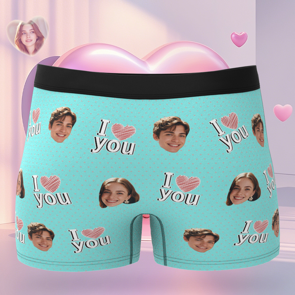 Personalized Face Men's Boxer Blue Underwear Gifts for Husband I Love You Heart Men Face Boxer - MyFaceSocks