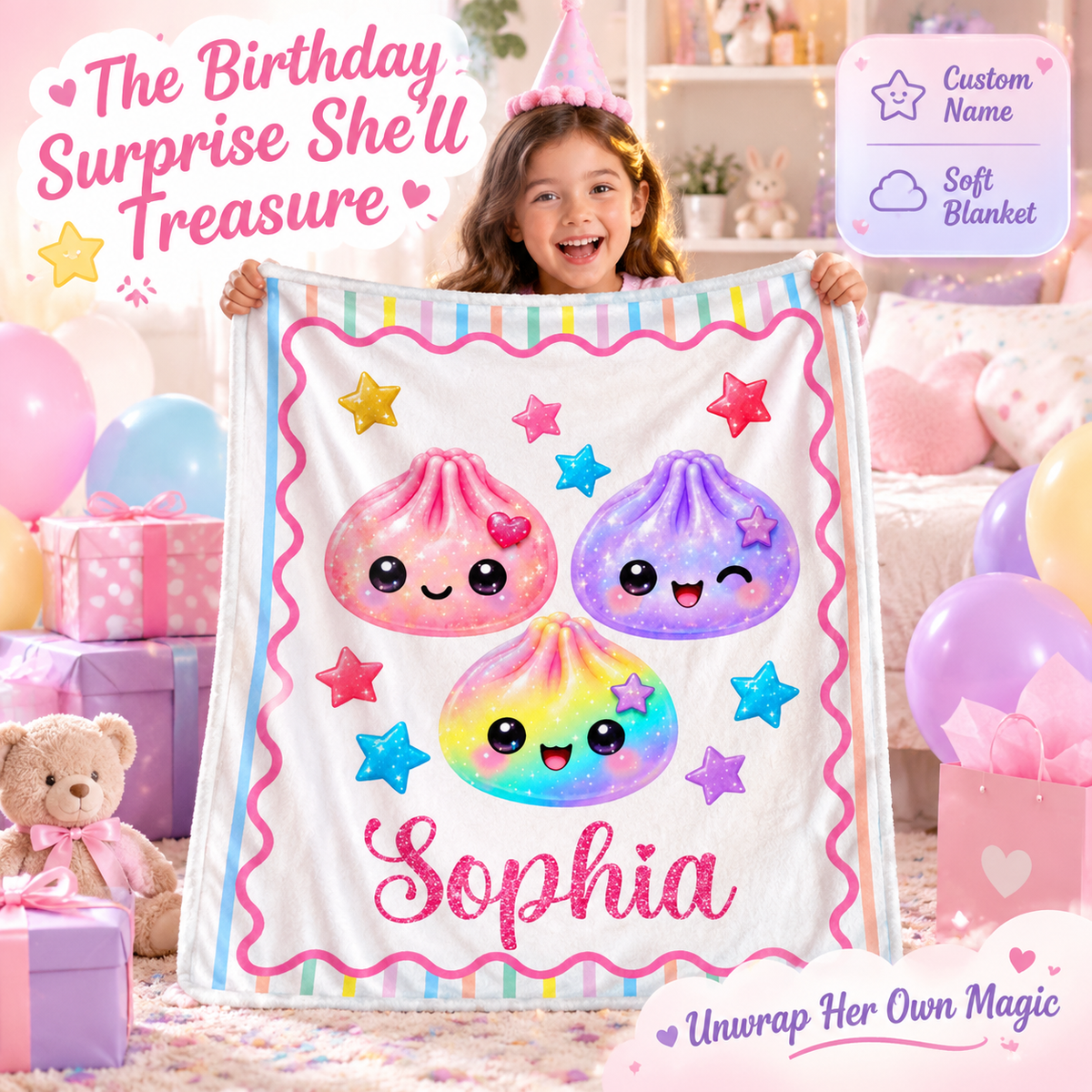 Custom Kawaii Dumpling Squishy Name Gifts for Girls - Personalized Blanket Birthday & Holiday Gift with Name - MyFaceSocks