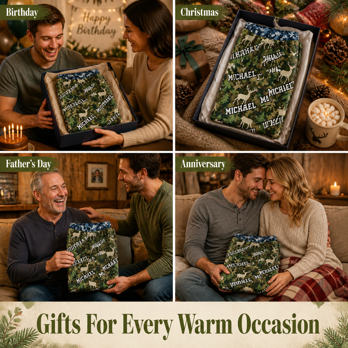 Custom Name Deer Camo Gifts for Men - Personalized Pajama Pants - MyFaceSocks