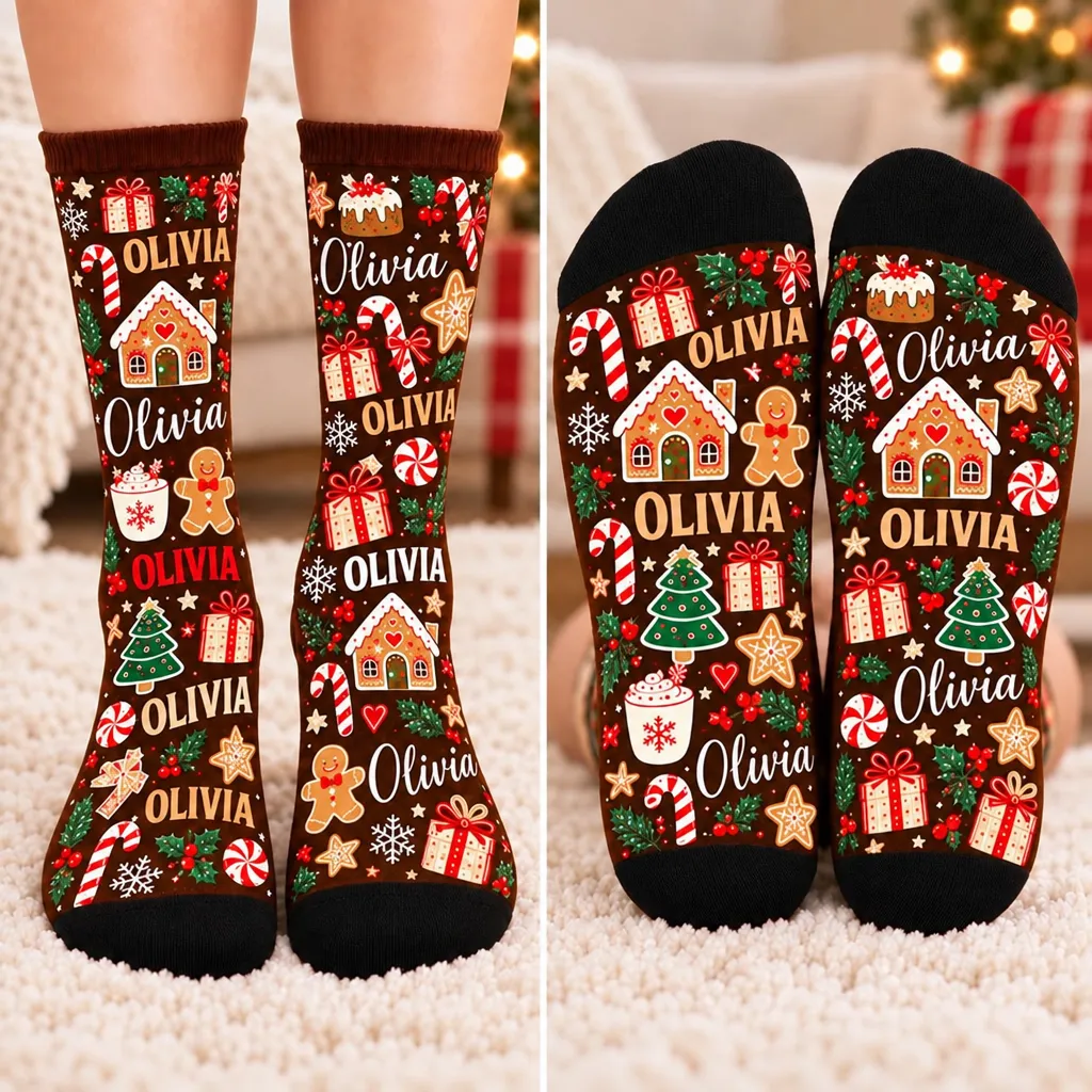 Personalized Christmas Crew Socks for Women & Men – Festive Holiday Gift with Name, Gingerbread & Candy Cane Design