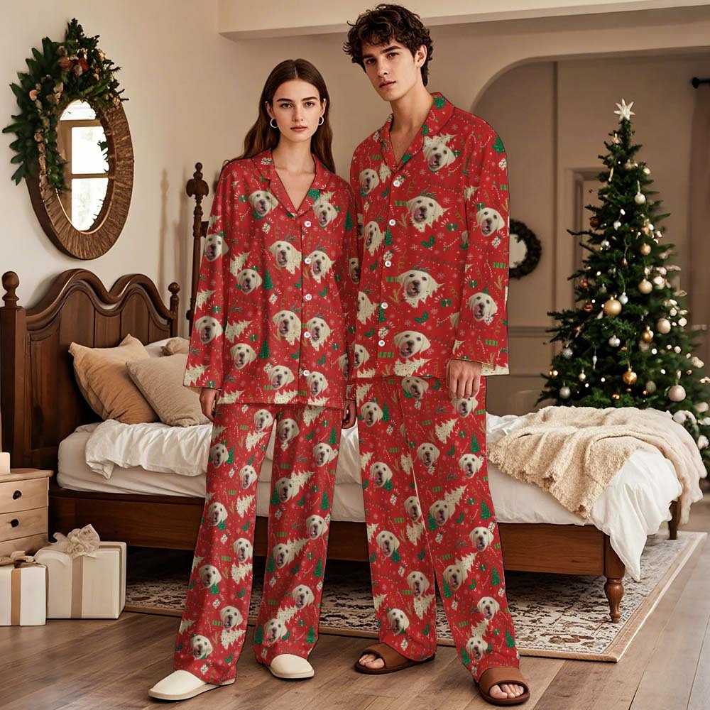 Custom Christmas Face Long Sleeve Pajamas Face Pajamas with Pet Face Personalized Photo Blue Snowflake Pajamas Gift - MyFaceSocks