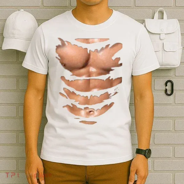 Ripped Chest T-Shirt for Men – Funny Fake Muscles Tee, Halloween Costume or Gift for Gym Lovers - MyFaceSocks