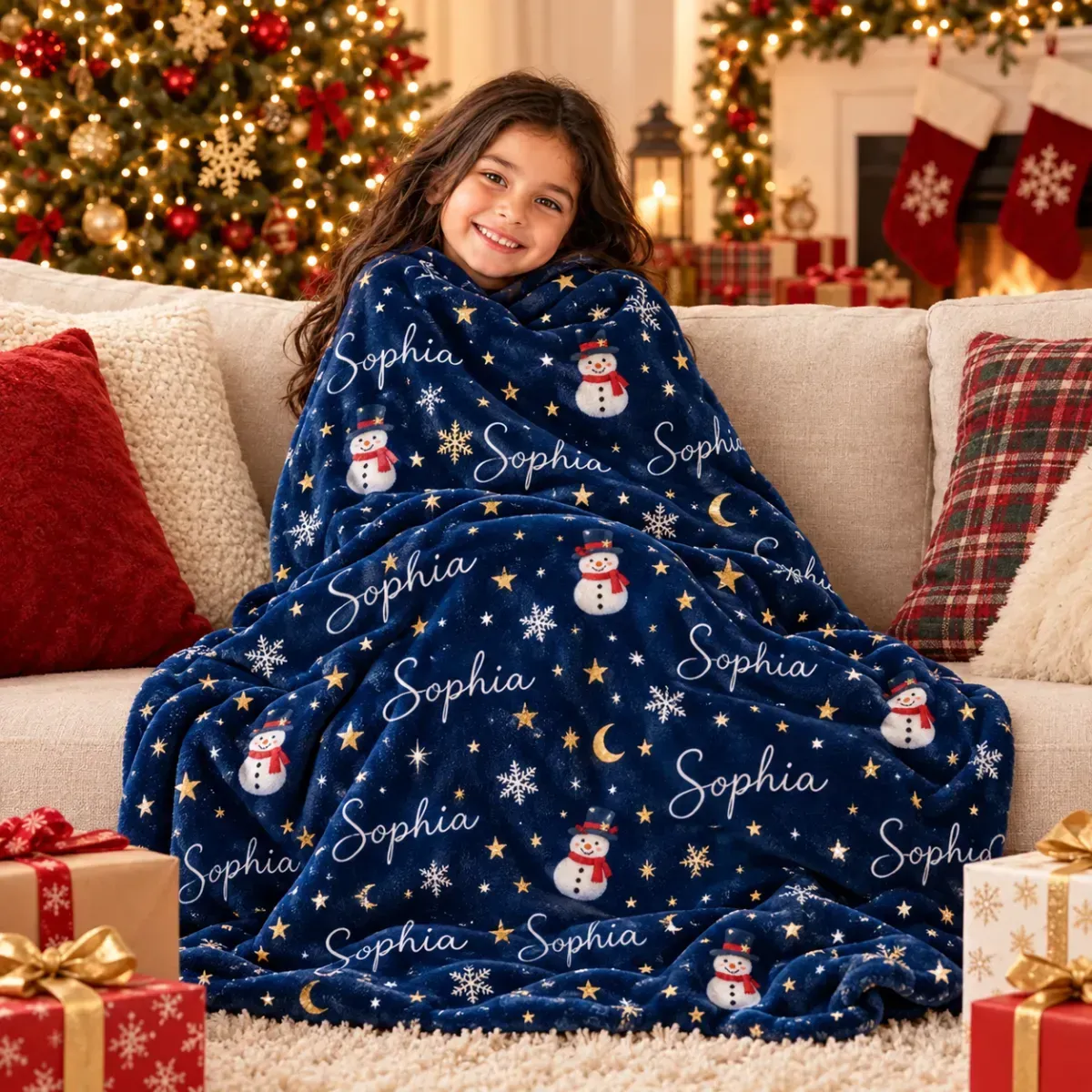 Personalized Christmas Blanket for Kids – Soft Fleece Throw with Snowflake & Candy Cane Pattern, Perfect Holiday Gift - MyFaceSocks