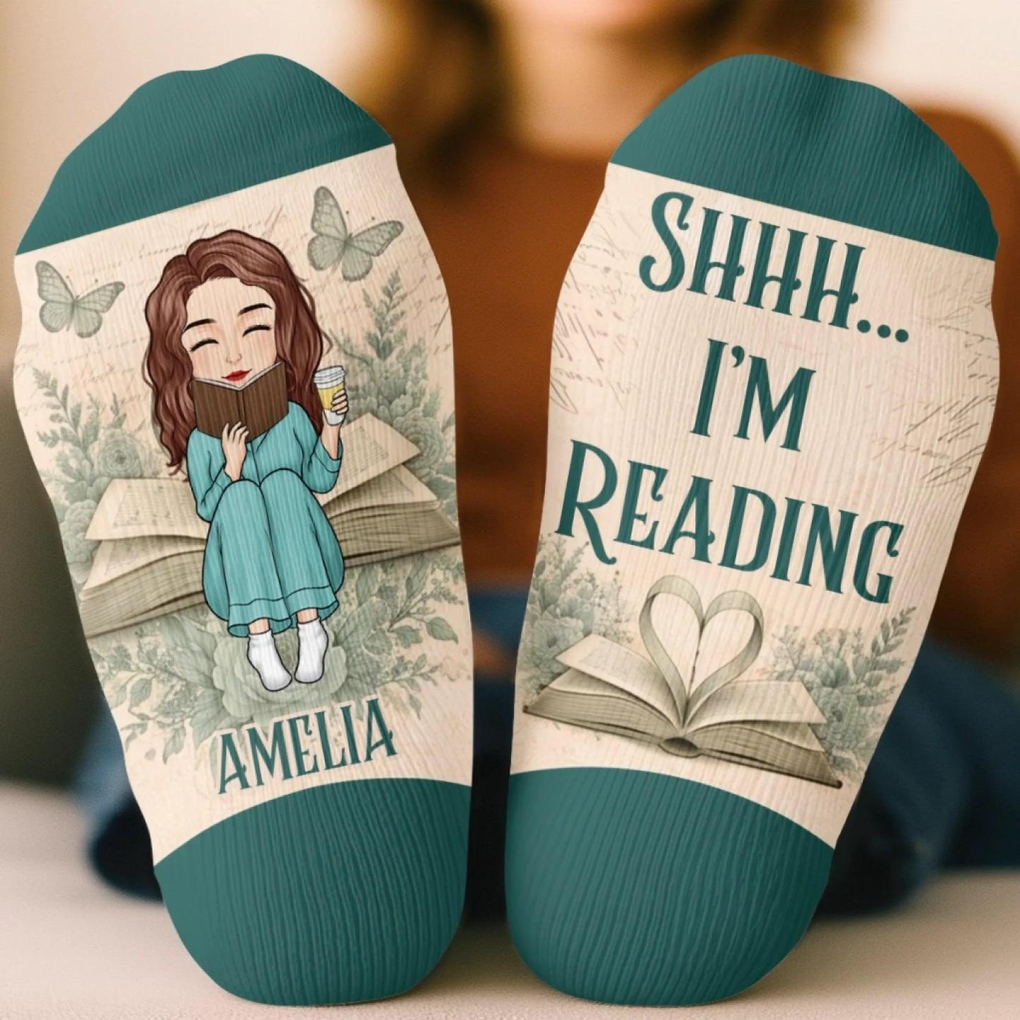 Custom Shh I'm Reading Crew Socks - Personalized Bookish Gifts For Book Lovers, Bookworms, Readers - Curated By Words - MyFaceSocks