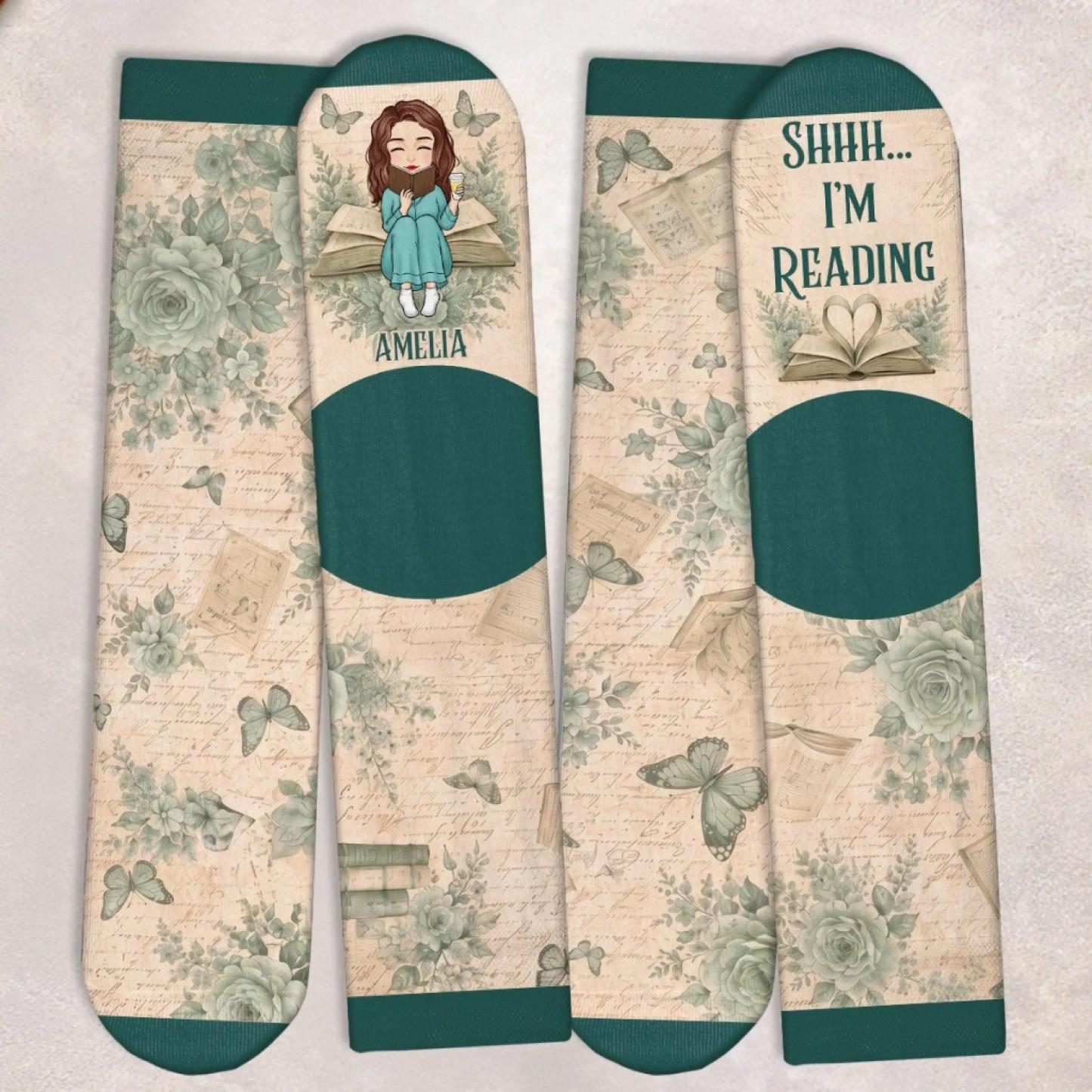 Custom Shh I'm Reading Crew Socks - Personalized Bookish Gifts For Book Lovers, Bookworms, Readers - Curated By Words - MyFaceSocks