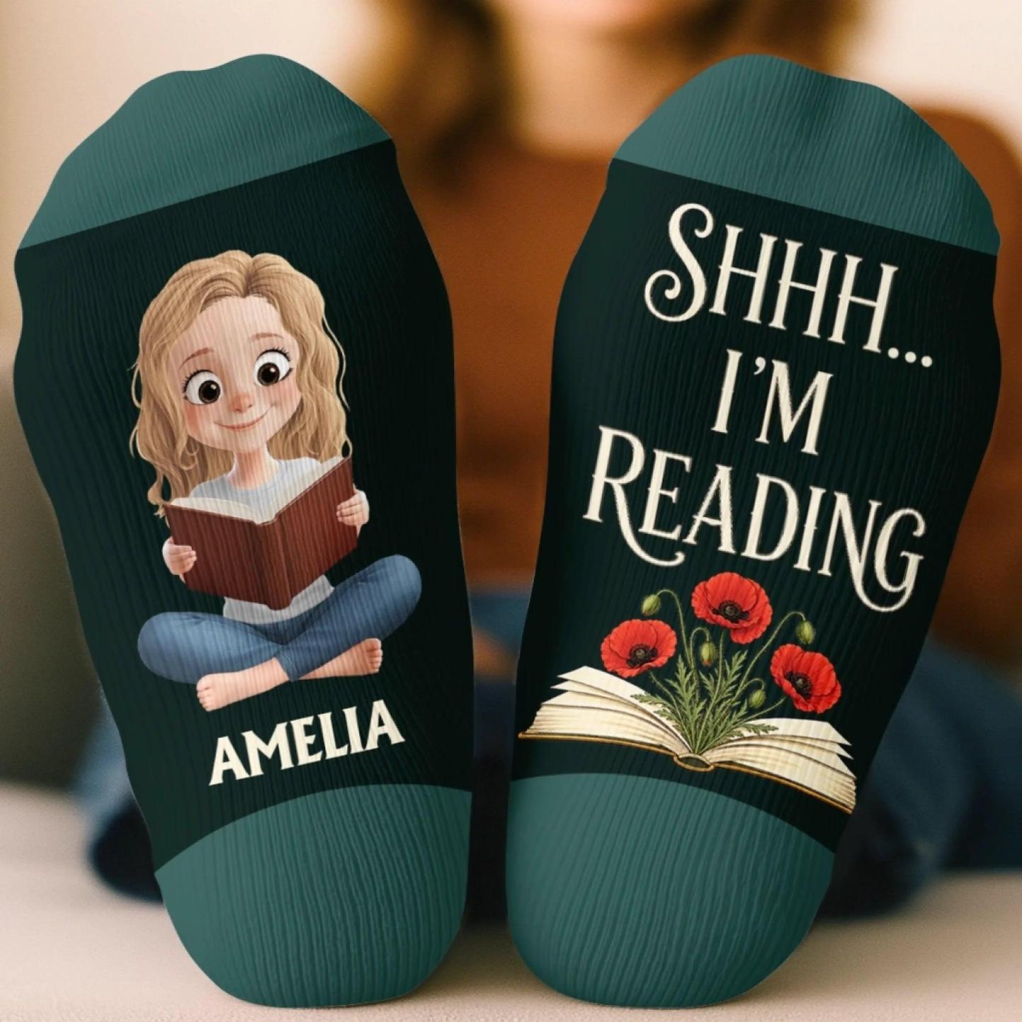 Custom Shh I'm Reading Crew Socks - Personalized Bookish Gifts For Book Lovers, Bookworms, Readers - One More Chapter - MyFaceSocks