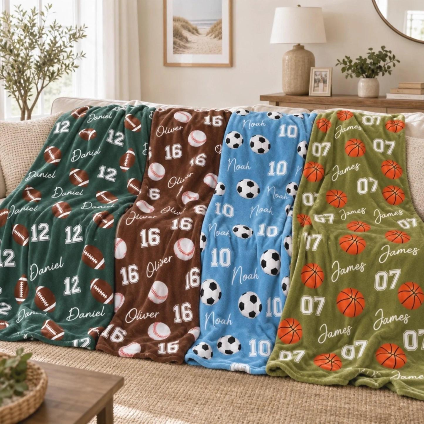 Personalized Sports Blanket for Kids – Birthday Gift with Name & Number, Football Baseball Soccer Basketball Design - MyFaceSocks